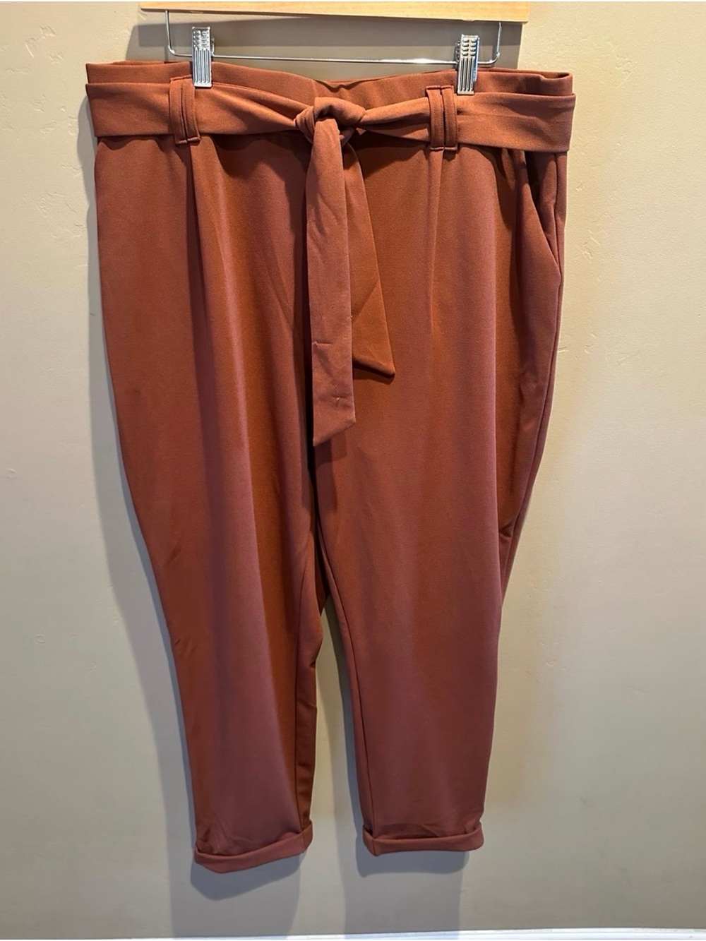 One by Chapter One High Waist Tie Front Cuffed Ankle Crop Pants Rust Terracotta